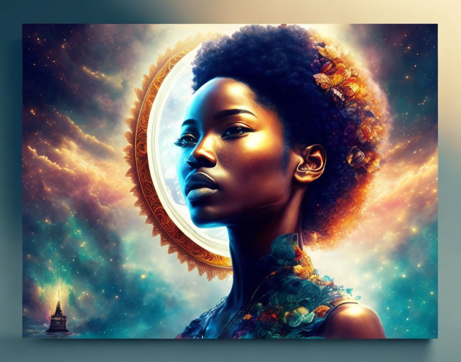 Woman with Afro and Leaf Adornments in Cosmic Profile Against Ornate Circle