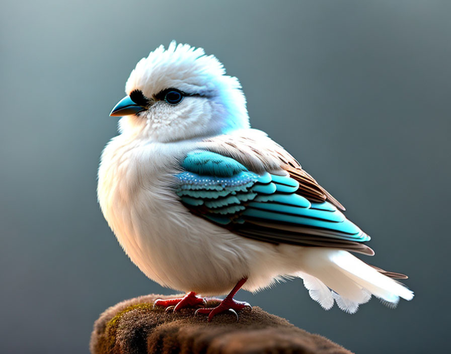 Colorful bird with white and blue feathers and red feet perched on muted background