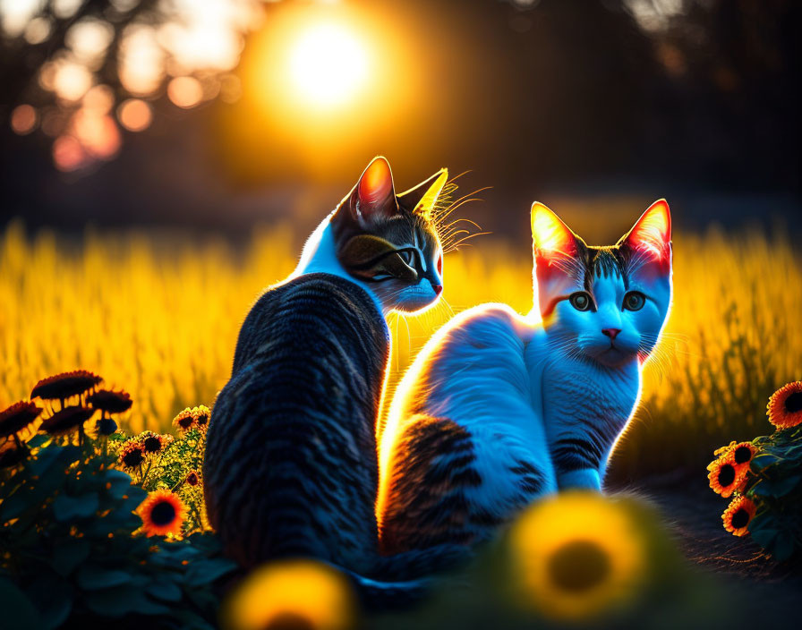 Sunset scene: Cats in sunflower field at dusk