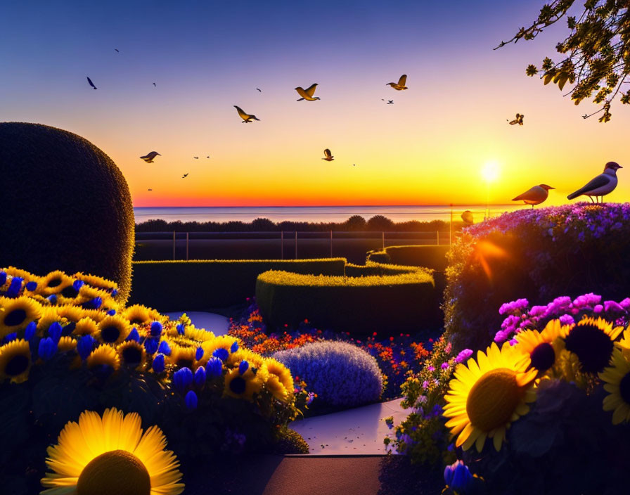 Colorful sunset scene with birds flying over vibrant garden and trimmed hedges