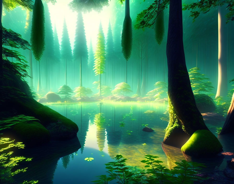 Tranquil forest scene with sunlight, water, and mist