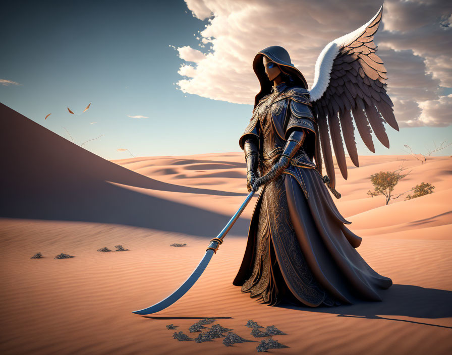 Winged figure in armored robes with scythe in desert landscape