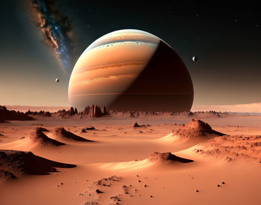 Sci-fi desert landscape with ringed planet and moons under twilight sky