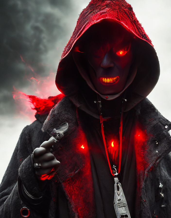 Mysterious figure with glowing red eyes and key in stormy setting