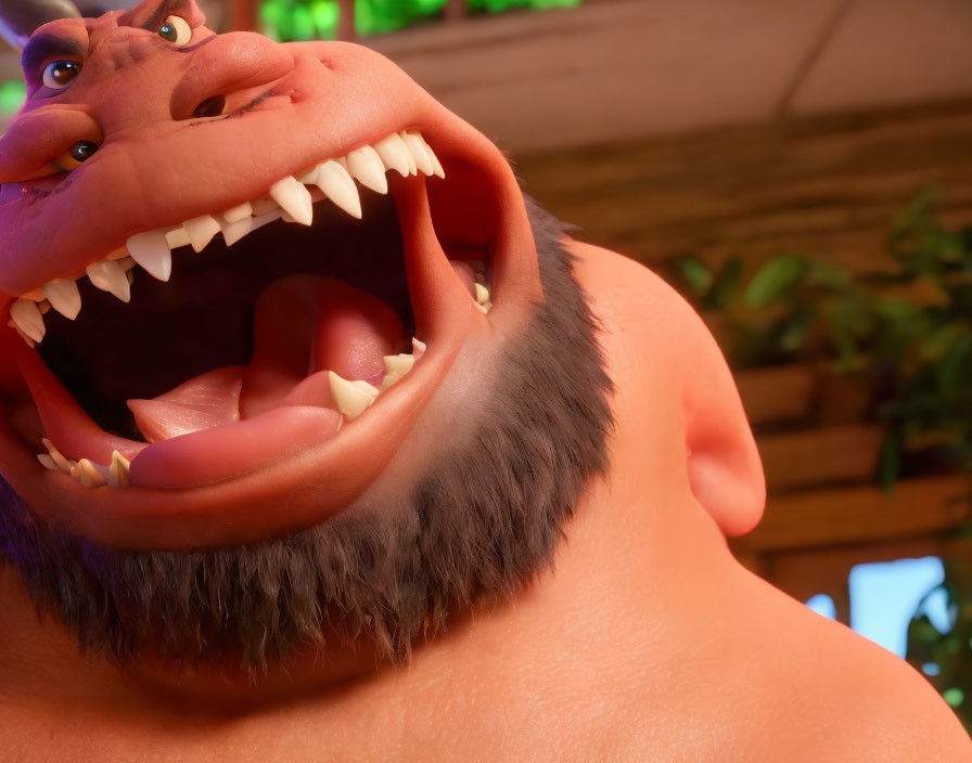 Detailed view of animated character's open mouth with teeth and fuzzy chin, against green background