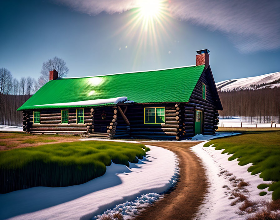 Snowy landscape with log cabin, green roof, curved driveway, and bright sun above.