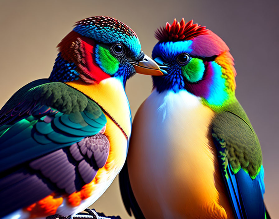 Colorful Stylized Digital Birds with Detailed Feather Patterns Facing Each Other