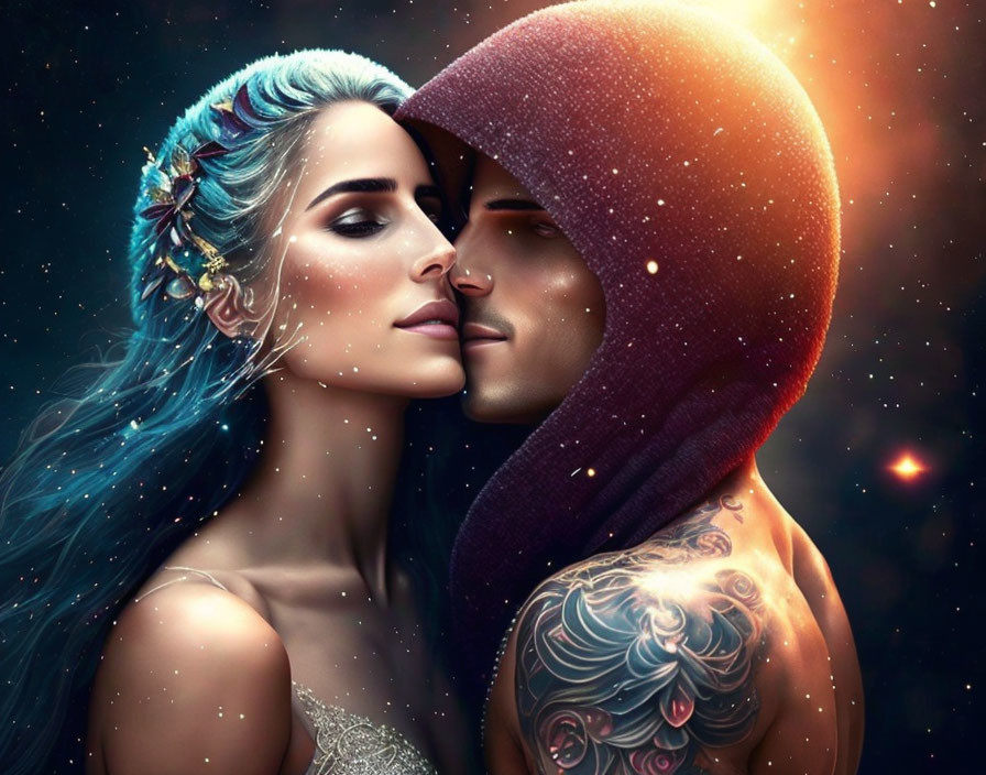 Blue-haired woman with floral accessory and tattooed man in hood against starry backdrop