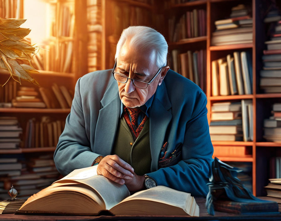 Elderly Man Reading Book in Library with Warm Lighting