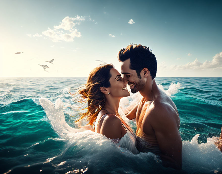 Romantic couple embracing in the sea with waves splashing, serene sky.