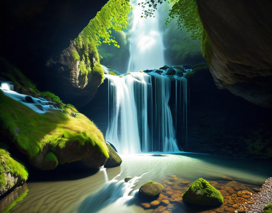 Tranquil waterfall in green cave with natural light