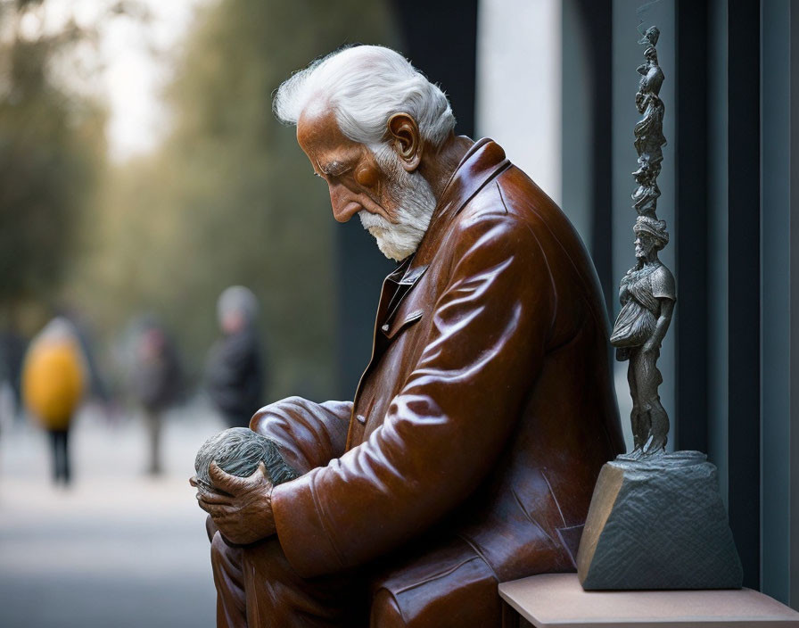 Elderly man in brown jacket sitting with yarn ball