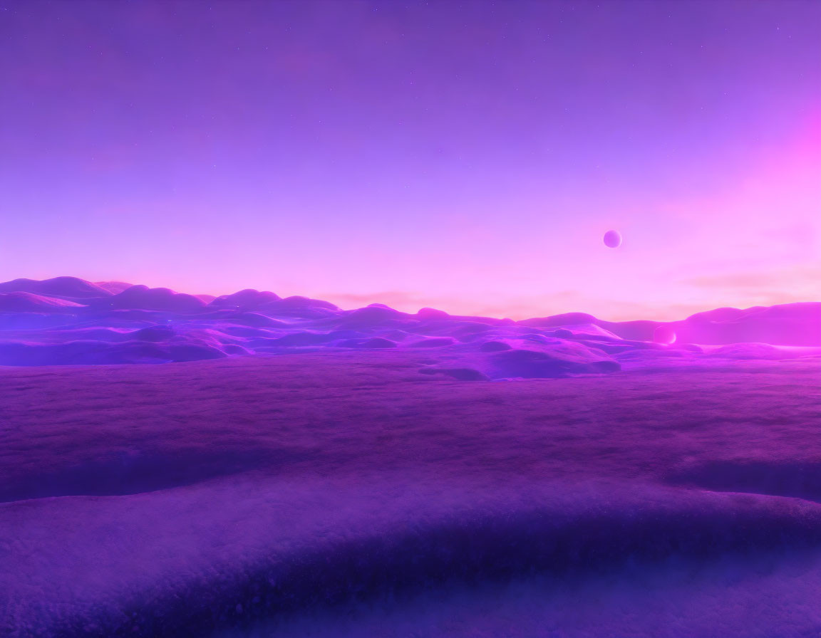 Snow-covered hills under purple sky with distant planet - Dreamy landscape
