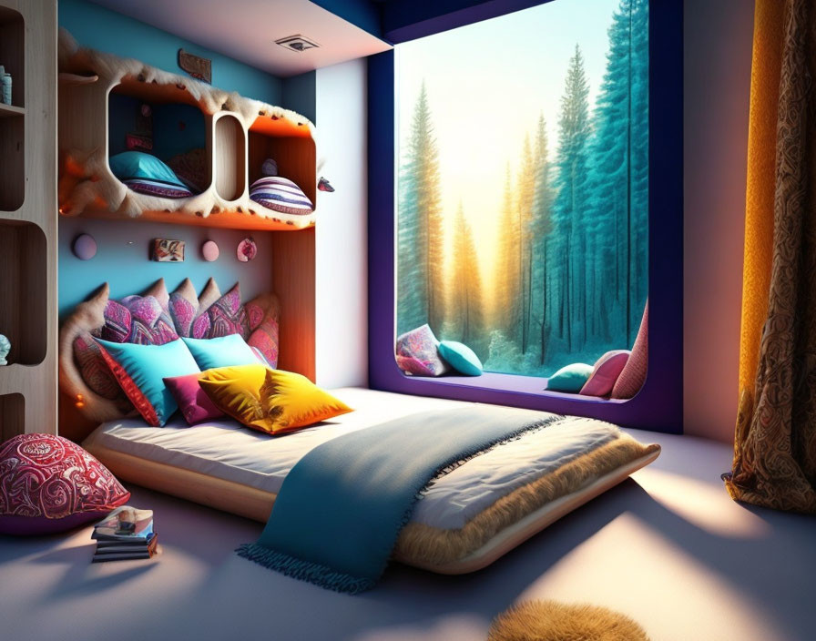 Spacious bedroom with forest view window, colorful cushions, plush bed, and built-in shelving