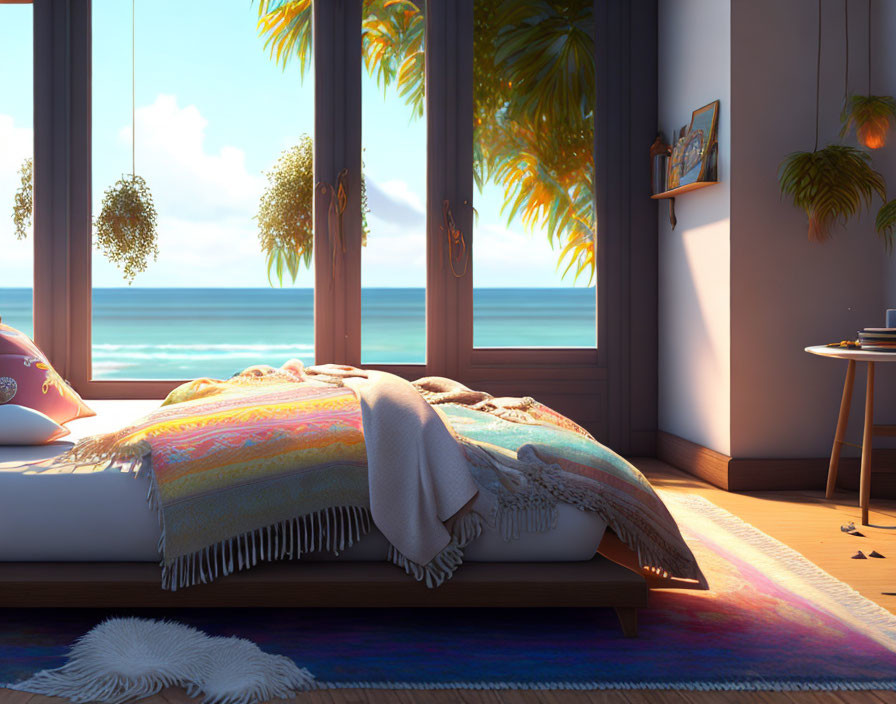 Inviting beachside bedroom with ocean view, warm sunlight, tropical plants
