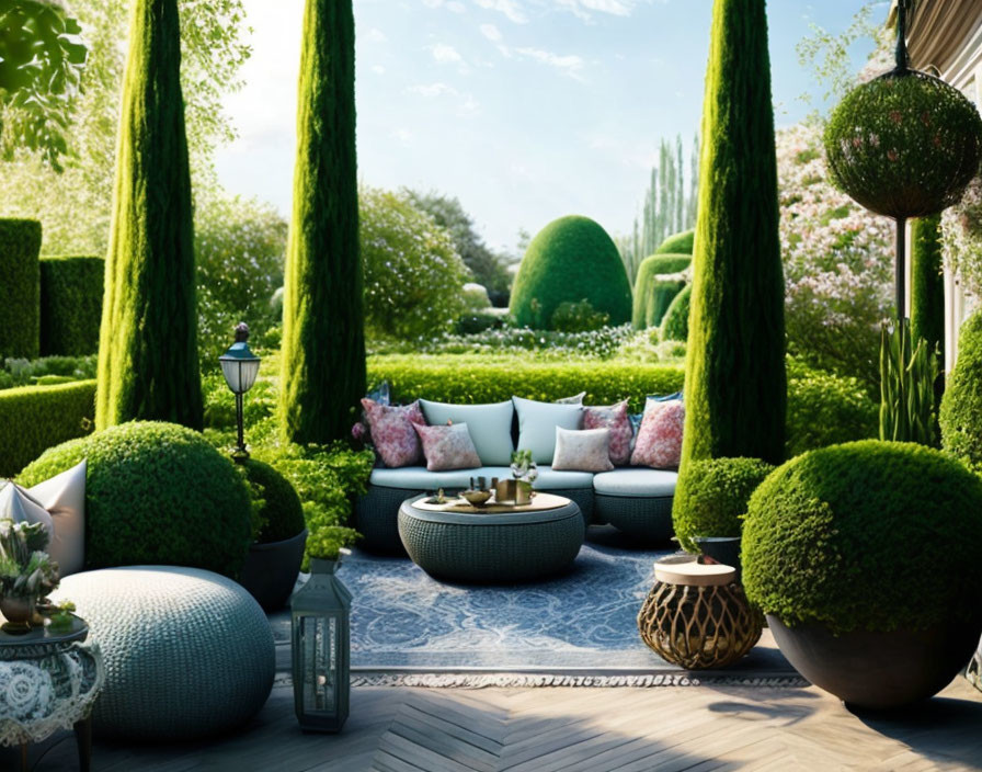 Manicured greenery and stylish outdoor seating in a serene garden