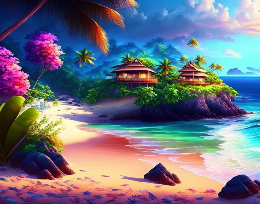 Tropical Beach Scene with Pink Blossoms, Palm Trees, Thatched Huts, Turquoise Water