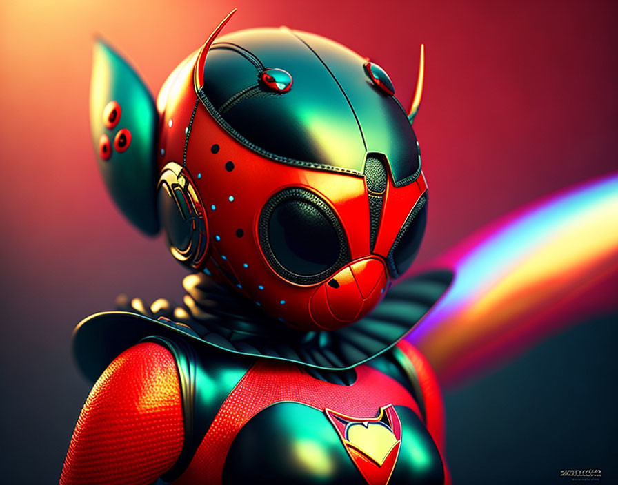 Colorful robotic figure with red and black design and rainbow light emission