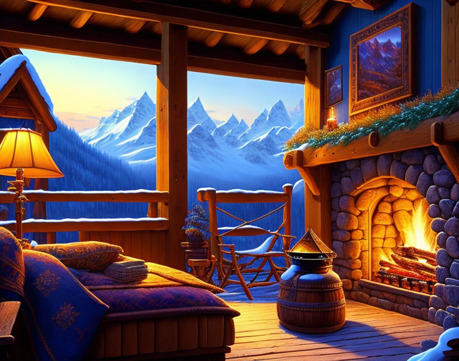 Rustic cabin interior with fireplace, holiday decor, and snowy mountain view