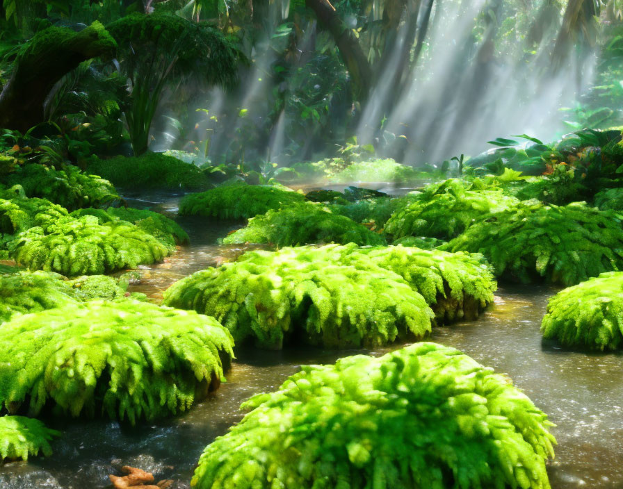 Tranquil forest scene with sunlight on moss-covered rocks