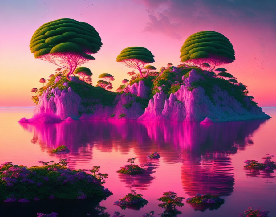 Surreal landscape with tree-topped rocks, pink lake, and colorful sunset