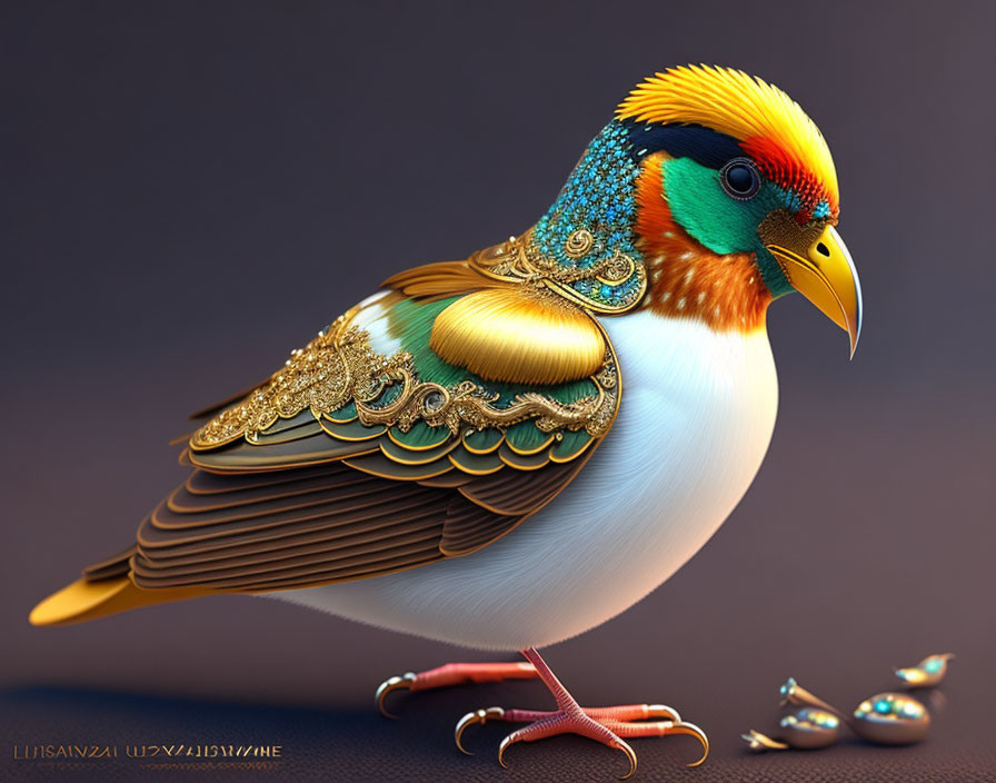 Colorful Bird Artwork with Gold and Turquoise Details on Moody Background