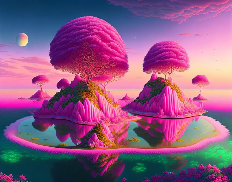 Digital artwork: Two islands, pink tree-like structures, purple sky, moon, reflective water