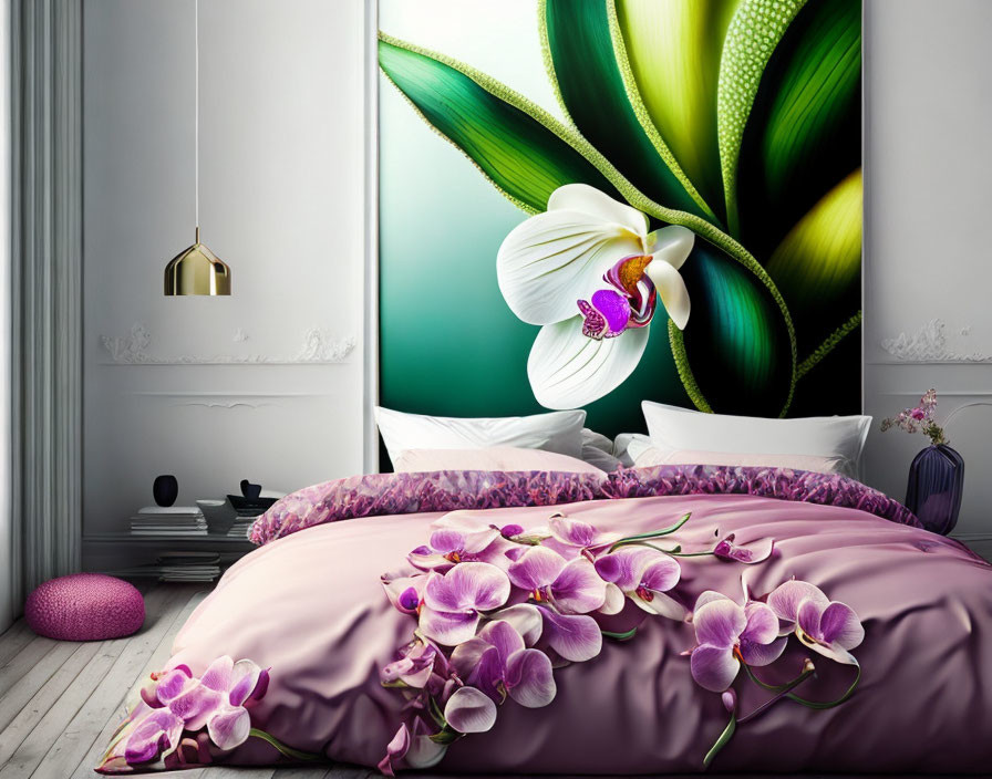 Modern Bedroom with White Walls, Large Floral Artwork, Purple Orchid Bedding, and Gold Lamp