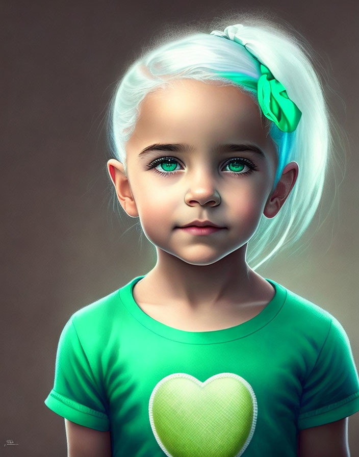 Young girl digital illustration with blue eyes and white hair in green shirt.