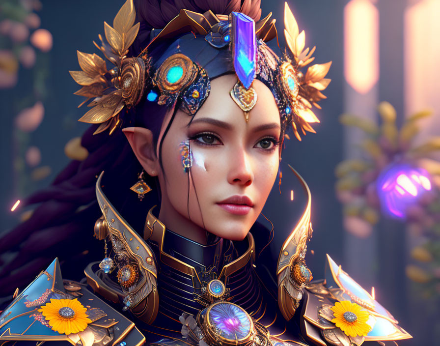 Female character in ornate gold and blue armor with glowing gemstones