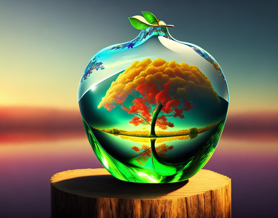 Colorful artwork: tree in glass apple at sunset with reflections