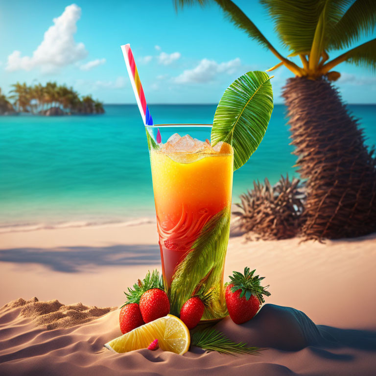 Tropical drink on sandy beach with palm trees and ocean view
