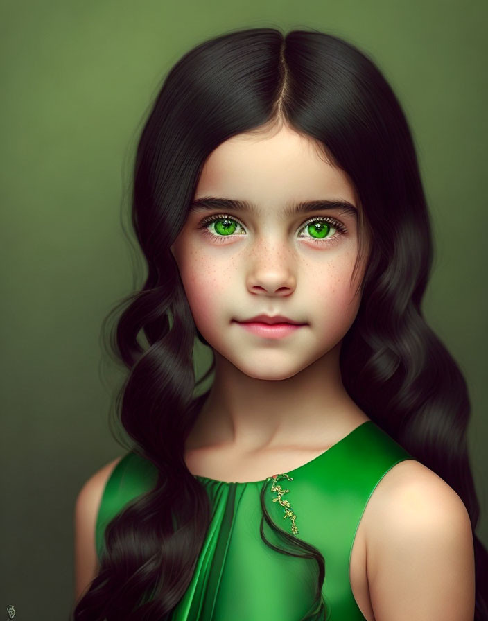 Digital portrait of young girl with green eyes, wavy black hair, in green dress with gold accent