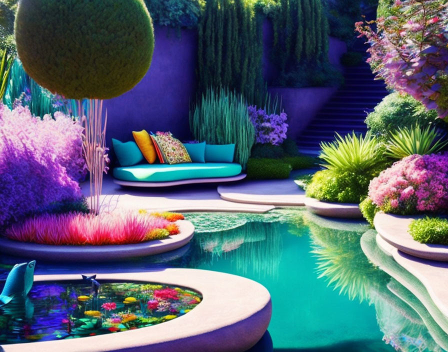 Colorful garden scene with turquoise sofa, trimmed trees, flowers, pond with lily pads.