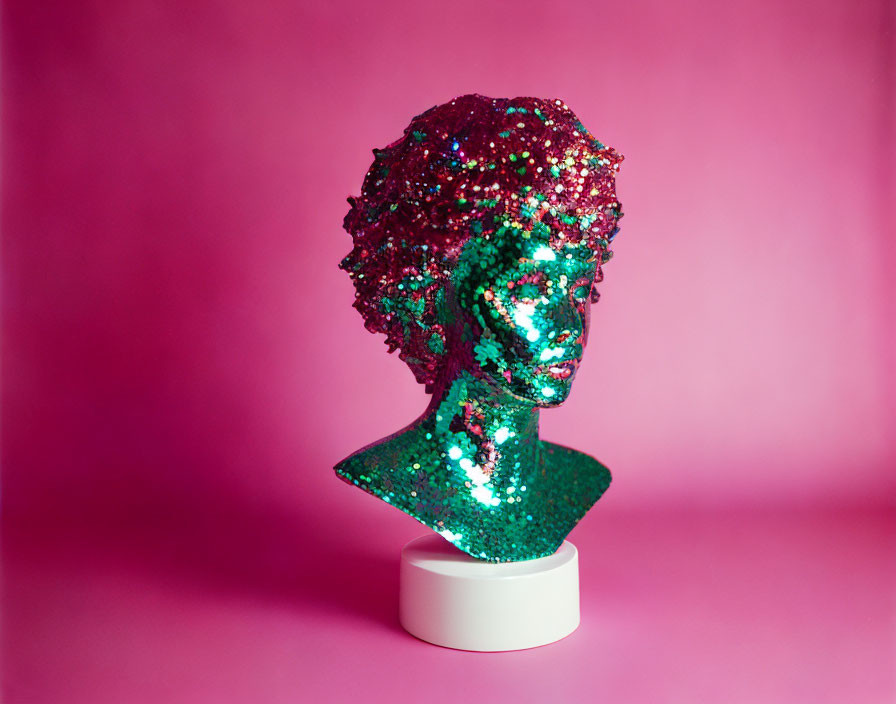 Glitter-covered bust on vivid pink background