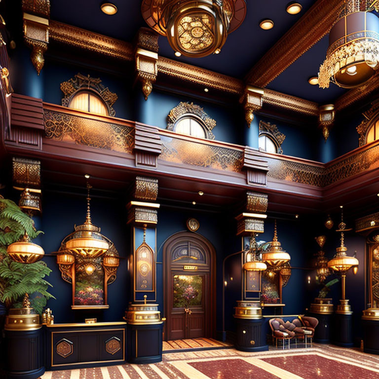 Luxurious Interior with Blue Walls, Golden Accents, Chandeliers, Plants, and Plush