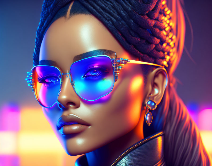 Stylish female figure with braided hair and sunglasses on colorful background