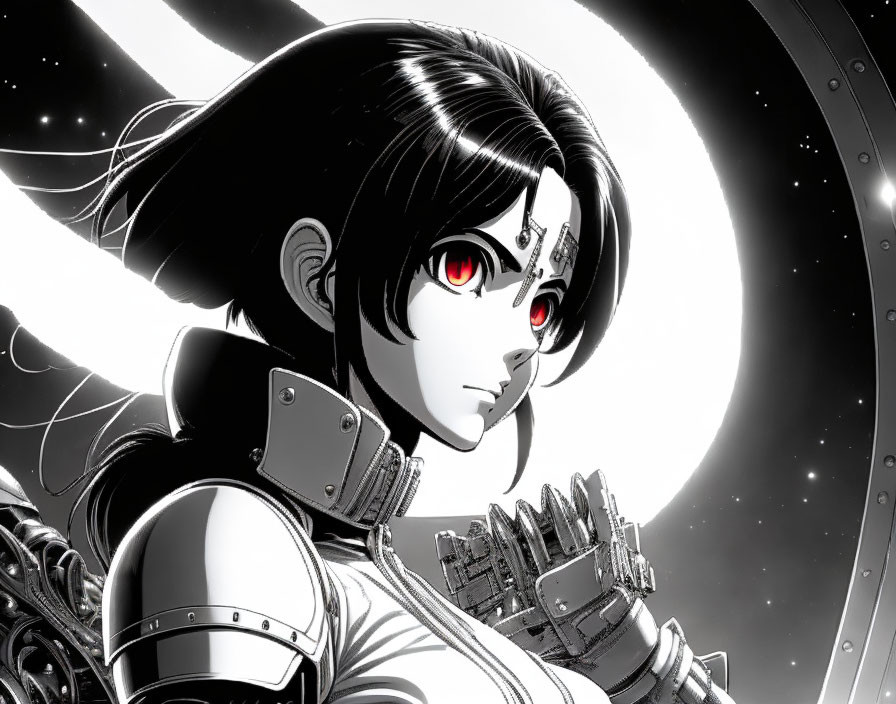 Monochrome cyborg woman with red eyes and mechanical limbs in space scene