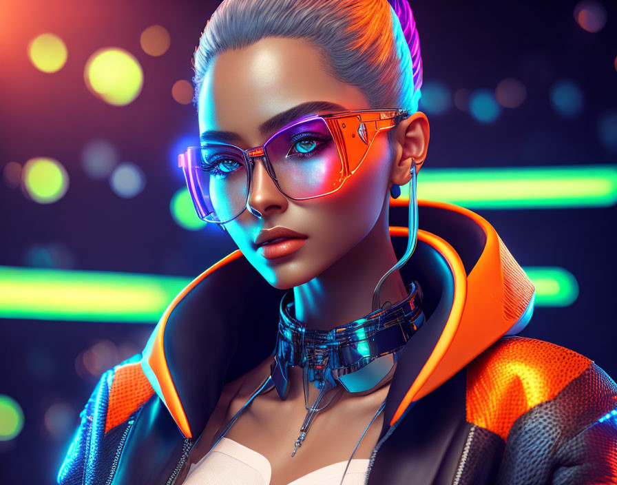 Futuristic woman with illuminated glasses and robotic neck in neon-lit setting