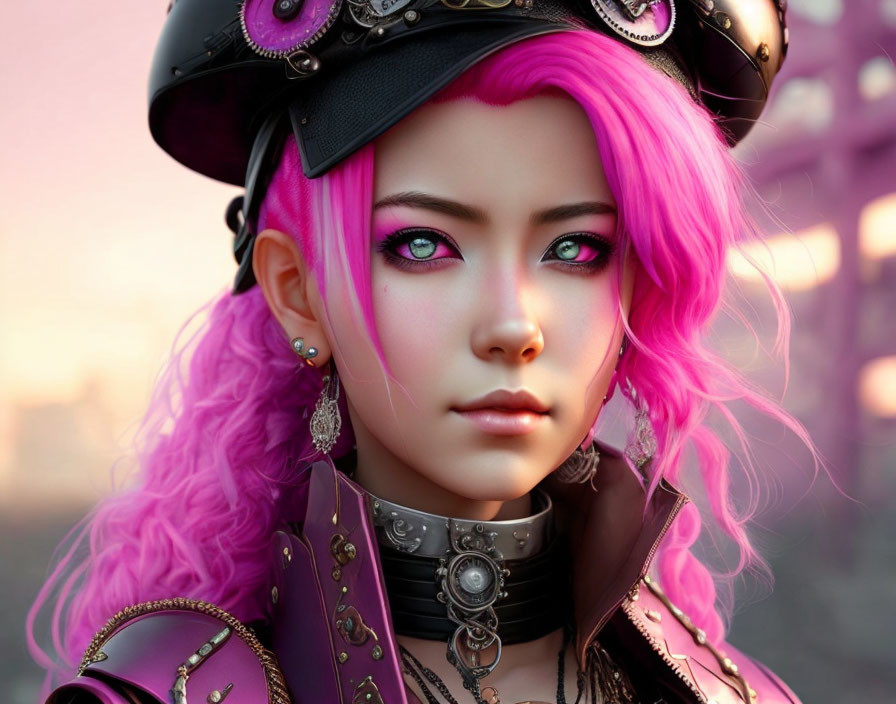 Vibrant pink hair and green eyes in futuristic digital art
