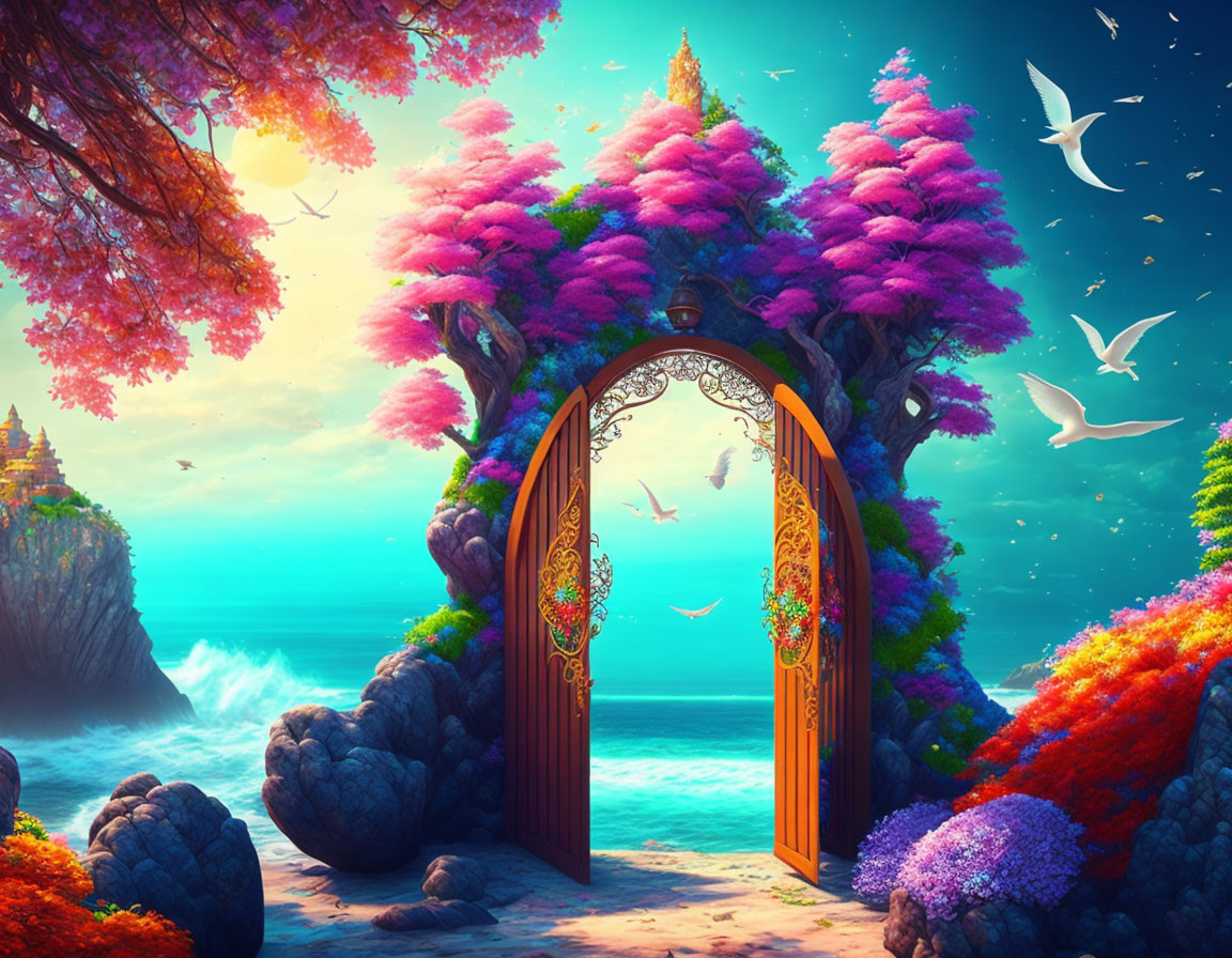 Colorful Fantasy Landscape with Ornate Gate, Foliage, Birds, Ocean View
