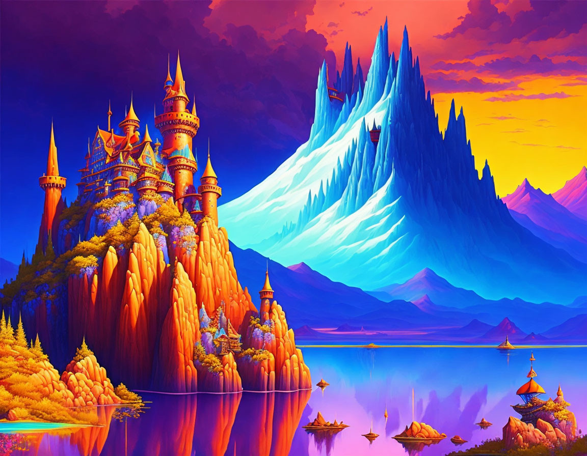 Colorful Castle on Cliff Overlooking Icy Mountains and Lake