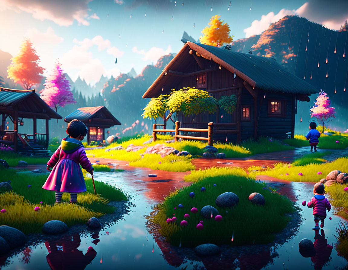 Colorful digital artwork: Child in purple cloak by rustic cabin in magical landscape
