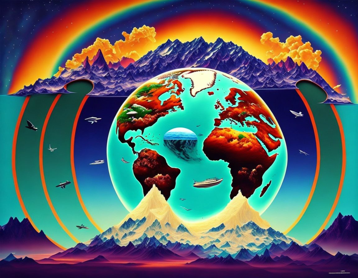 Colorful Earth Artwork with Keyhole Ocean and Mountains