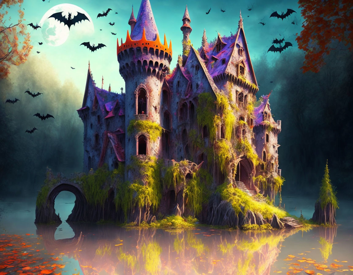 Eerie overgrown castle at twilight with bats, floating leaves