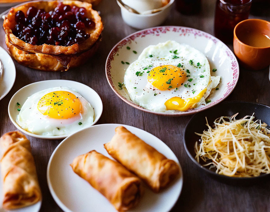 Sunny-Side-Up Eggs, Spring Rolls, Hash Browns, and Berry Tart on Wooden Table