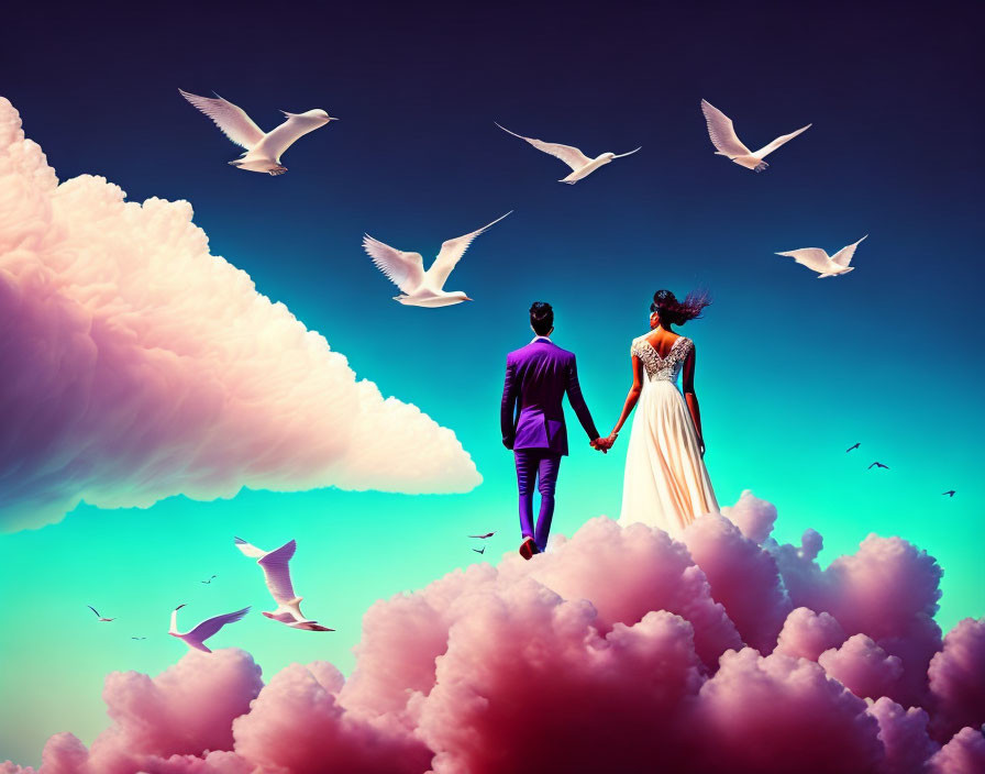 Formal couple walking on clouds with birds in vibrant dusk sky