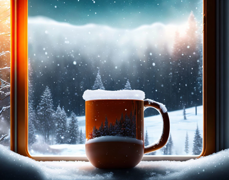 Winter Scene: Warm Mug on Snowy Windowsill
