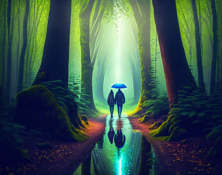 Person with Blue Umbrella Walking on Forest Path Amidst Towering Green Trees and Mystical Fog