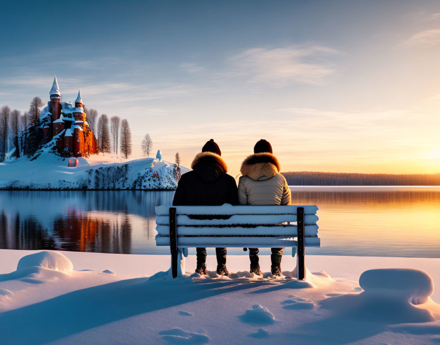 Snowy bench by lake with castle view at sunset